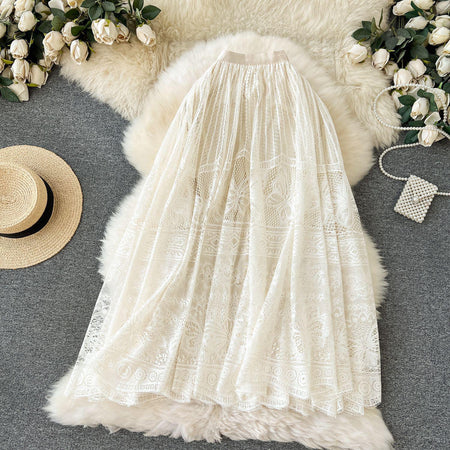 Maribel Statement Lace Skirt In Beige - flat-lay product shot of skirt - Miss Mosa By Akanksha