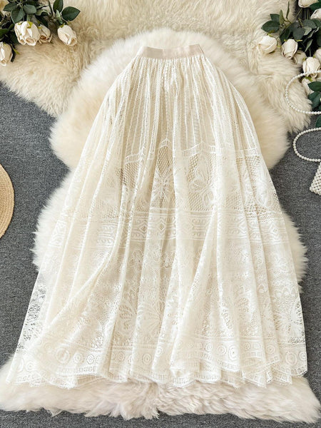 Maribel Statement Lace Skirt In Beige - flat-lay product shot of skirt - Miss Mosa By Akanksha