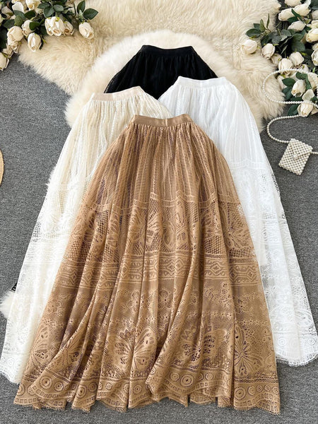 Maribel Statement Lace Skirt In Brown - flat-lay product shot of colour options - Miss Mosa By Akanksha