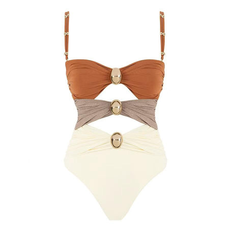 Marie Luxe Swimsuit With Skirt In Beige - flat-lay product shot of swimsuit - Miss Mosa By Akanksha