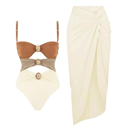Marie Luxe Swimsuit With Skirt In Beige - flat-lay product shot of swimsuit and sarong - Miss Mosa By Akanksha