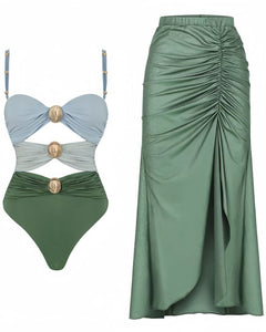 Marie Luxe Swimsuit With Skirt In Green - product shot - Miss Mosa By Akanksha