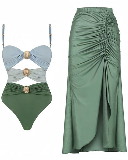 Marie Luxe Swimsuit With Skirt In Green - product shot - Miss Mosa By Akanksha