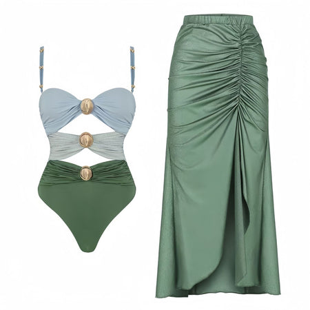 Marie Luxe Swimsuit With Skirt In Green - product shot - Miss Mosa By Akanksha