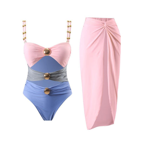 Marie Luxe Swimsuit With Skirt In Pink - flat-lay product shot of swimsuit and sarong - Miss Mosa By Akanksha