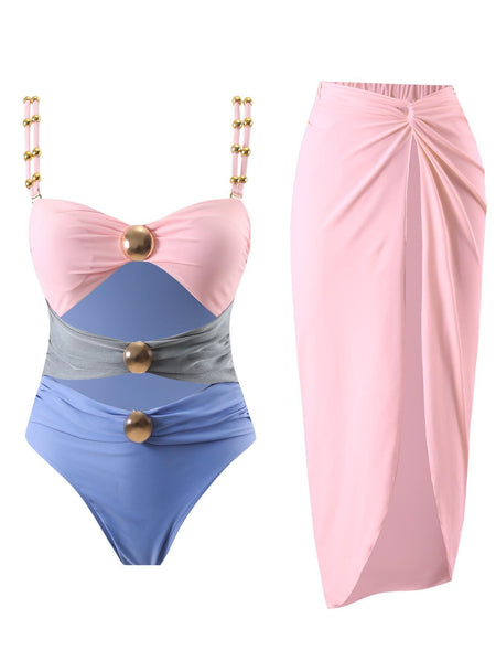 Marie Luxe Swimsuit With Skirt In Pink - flat-lay product shot of swimsuit and sarong - Miss Mosa By Akanksha
