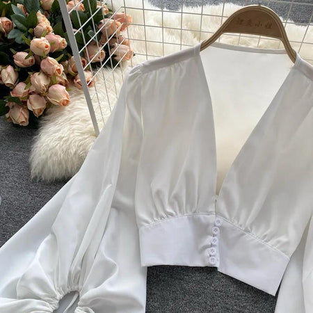 Marie Puffed Sleeve Blouse - front shot on hanger, white - Miss Mosa By Akanksha