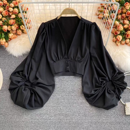 Marie Puffed Sleeve Blouse - close-up of neckline, black - Miss Mosa By Akanksha