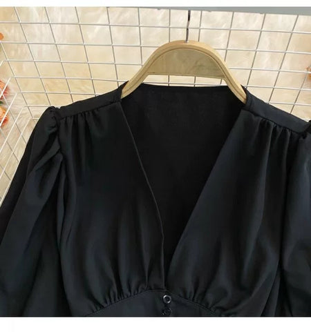 Marie Puffed Sleeve Blouse - front shot on model, black - Miss Mosa By Akanksha