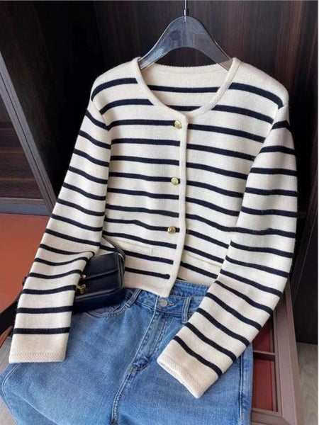 Marietta Striped Woolen Cardigan - front shot on hanger, cream and black - Miss Mosa By Akanksha