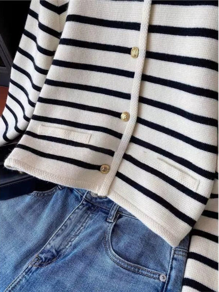 Marietta Striped Woolen Cardigan - close-up of pocket and buttons, cream and black - Miss Mosa By Akanksha