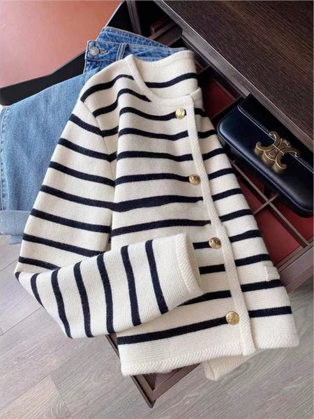 Marietta Striped Woolen Cardigan - flat-lay shot of cardigan, cream and black - Miss Mosa By Akanksha