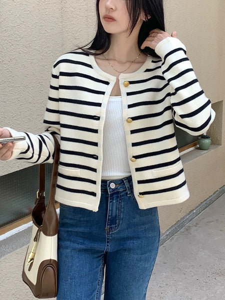 Marietta Striped Woolen Cardigan - front shot on model, cream and black - Miss Mosa By Akanksha