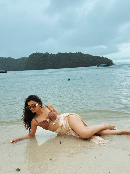 Mariku Luxe Swimsuit with Skirt - lifestyle shot on model, brown - Miss Mosa By Akanksha