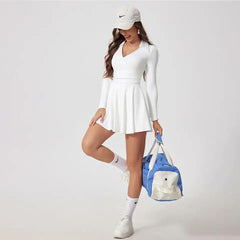 Marin Tenniscore Statement Dress with Detachable Shorts - full-length front shot on model, white - Miss Mosa By Akanksha