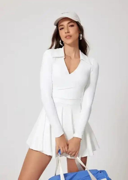 Marin Tenniscore Statement Dress with Detachable Shorts - front shot on model, white - Miss Mosa By Akanksha