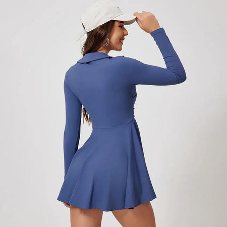 Marin Tenniscore Statement Dress with Detachable Shorts - back shot on model, blue - Miss Mosa By Akanksha