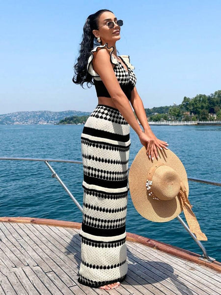 Marina Crochet Holiday Coord In White - side shot on model - Miss Mosa By Akanksha