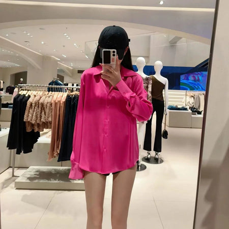 Mario Satin Shirt - lifestyle shot on model, pink - Miss Mosa By Akanksha