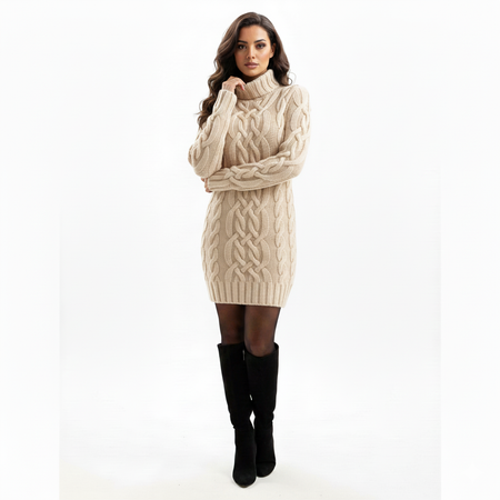 Marion Mini Knitted Dress - full-length front shot, cream - Miss Mosa By Akanksha