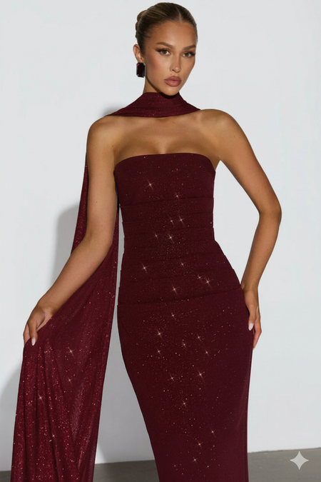 Marisa Shimmer Maxi Dress With Scarf - front close-up shot, burgundy - Miss Mosa By Akanksha
