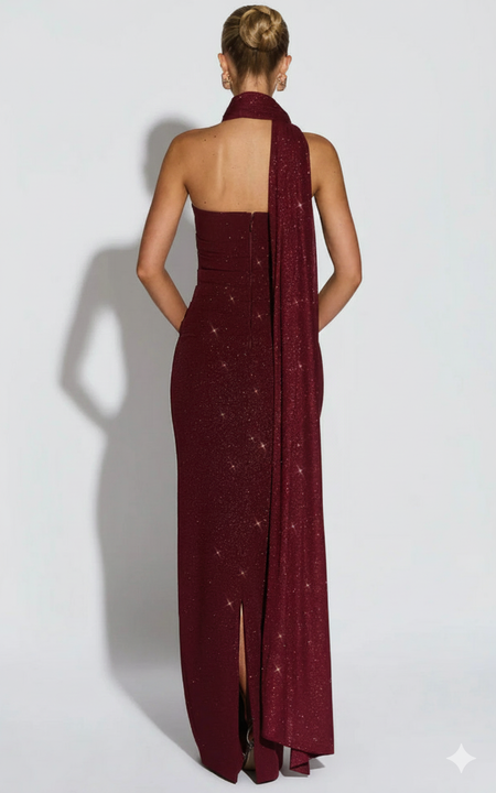Marisa Shimmer Maxi Dress With Scarf - back shot, burgundy - Miss Mosa By Akanksha