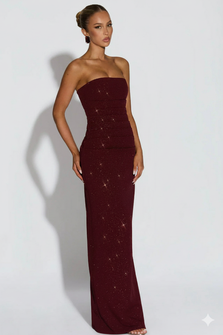 Marisa Shimmer Maxi Dress With Scarf - full-length front shot, burgundy - Miss Mosa By Akanksha