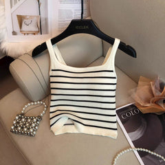 Marisa Striped Crop Padded Top - flat-lay shot, cream with black stripes - Miss Mosa By Akanksha