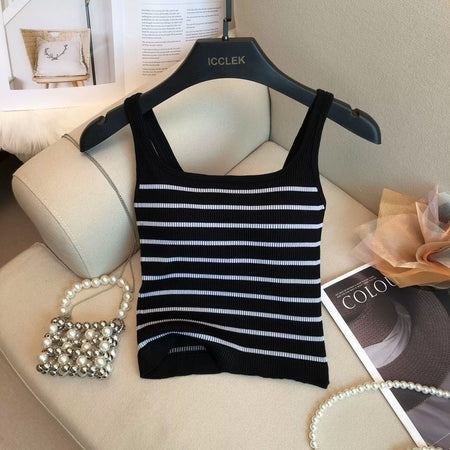 Marisa Striped Crop Padded Top - flat-lay shot, black with white stripes - Miss Mosa By Akanksha