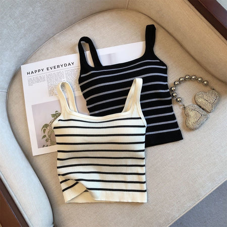 Marisa Striped Crop Padded Top - flat-lay shot, cream and black striped with black variant - Miss Mosa By Akanksha