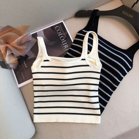 Marisa Striped Crop Padded Top - flat-lay shot, cream and black striped with black variant - Miss Mosa By Akanksha