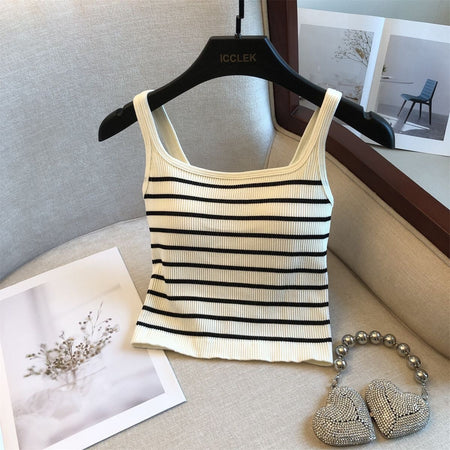 Marisa Striped Crop Padded Top - flat-lay shot, cream with black stripes - Miss Mosa By Akanksha