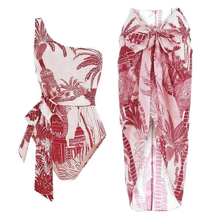 Marisa Swimsuit With Sarong In Rust - flat-lay product shot of swimsuit and sarong - Miss Mosa By Akanksha
