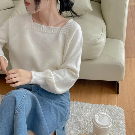 Marisa Woolen Soft Knit Pullover - seated shot on model, off-white - Miss Mosa By Akanksha