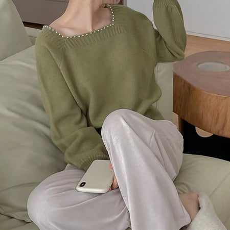 Marisa Woolen Soft Knit Pullover - seated shot on model, olive green - Miss Mosa By Akanksha