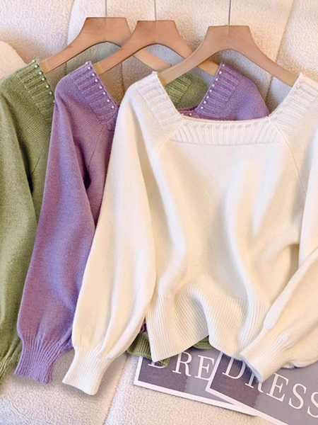 Marisa Woolen Soft Knit Pullover - flat-lay product shot of three colourways, off-white, lilac and olive green - Miss Mosa By Akanksha