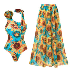 Marisol Floral Swimsuit With Skirt - flat-lay product shot of swimsuit and skirt, turquoise blue and sunflower yellow - Miss Mosa By Akanksha