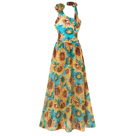 Marisol Floral Swimsuit With Skirt - product shot of dress, turquoise blue and sunflower yellow - Miss Mosa By Akanksha