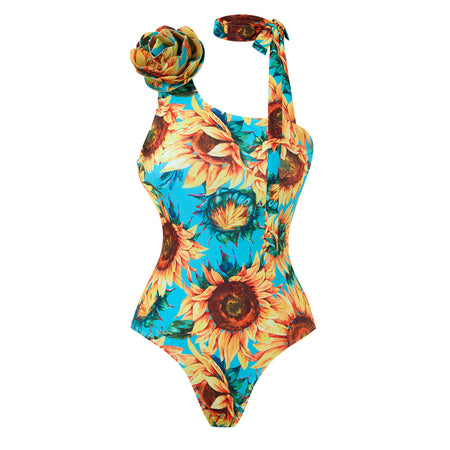 Marisol Floral Swimsuit With Skirt - product shot of swimsuit, turquoise blue and sunflower yellow - Miss Mosa By Akanksha