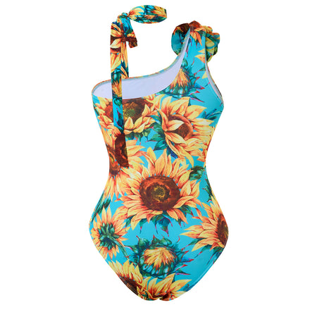 Marisol Floral Swimsuit With Skirt - back product shot of swimsuit, turquoise blue and sunflower yellow - Miss Mosa By Akanksha