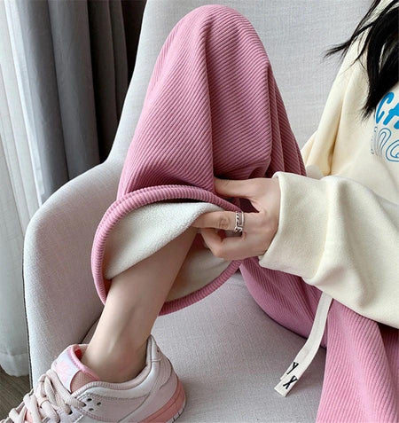 Marley Wide Leg Fleece Pants - close-up of fleece lining on model, pink - Miss Mosa By Akanksha