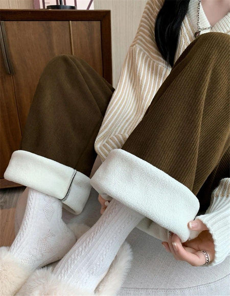 Marley Wide Leg Fleece Pants - close-up of fleece cuff on model, olive - Miss Mosa By Akanksha