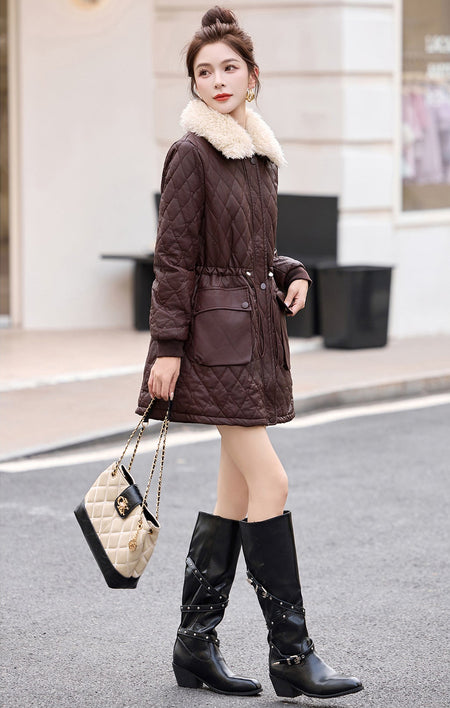 Marquesa Fur Woolen Jacket - full-length side shot, brown - Miss Mosa By Akanksha