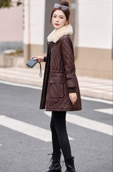 Marquesa Fur Woolen Jacket - full-length side shot, brown - Miss Mosa By Akanksha