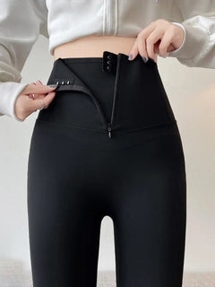 Martha Slimming Premium Fleece Leggings with Buttons - close-up of waistband on model, black - Miss Mosa By Akanksha