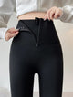 Martha Slimming Premium Fleece Leggings with Buttons - close-up of waistband on model, black - Miss Mosa By Akanksha