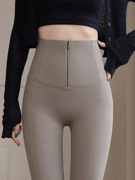 Martha Slimming Premium Fleece Leggings with Buttons - close-up of waistband on model, beige - Miss Mosa By Akanksha