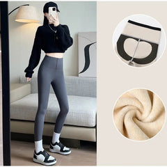 Martha Slimming Premium Fleece Leggings with Buttons - side shot on model with detail insets, grey - Miss Mosa By Akanksha