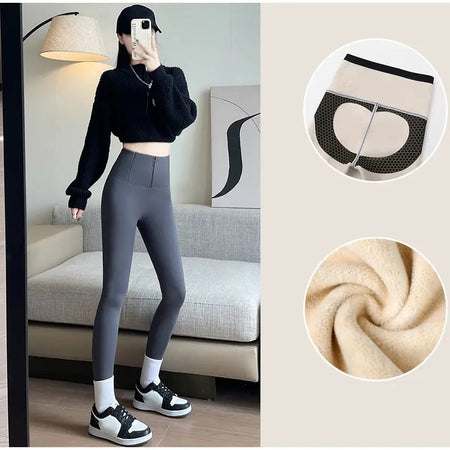 Martha Slimming Premium Fleece Leggings with Buttons - side shot on model with detail insets, grey - Miss Mosa By Akanksha