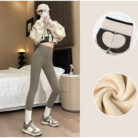 Martha Slimming Premium Fleece Leggings with Buttons - side shot on model with detail insets, beige - Miss Mosa By Akanksha